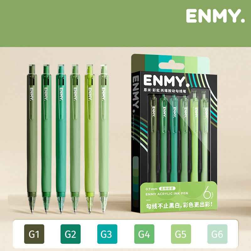 ENMY Rainbow Acrylic Ink Retractable Fineliner Pen Set – 0.7mm, 6 Colors Forest Green