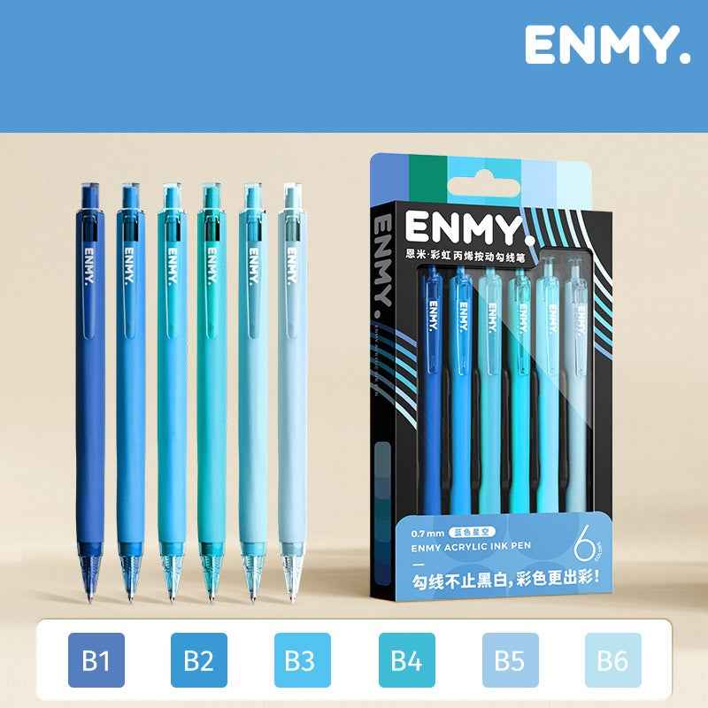 ENMY Rainbow Acrylic Ink Retractable Fineliner Pen Set – 0.7mm, 6 Colors Blue Sky