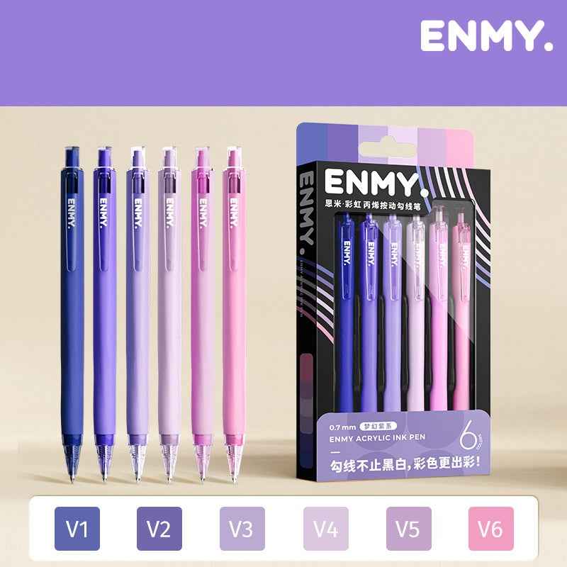 ENMY Rainbow Acrylic Ink Retractable Fineliner Pen Set – 0.7mm, 6 Colors Purple Dream
