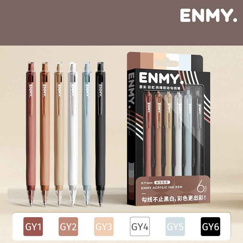 ENMY Rainbow Acrylic Ink Retractable Fineliner Pen Set – 0.7mm, 6 Colors Brown Grey
