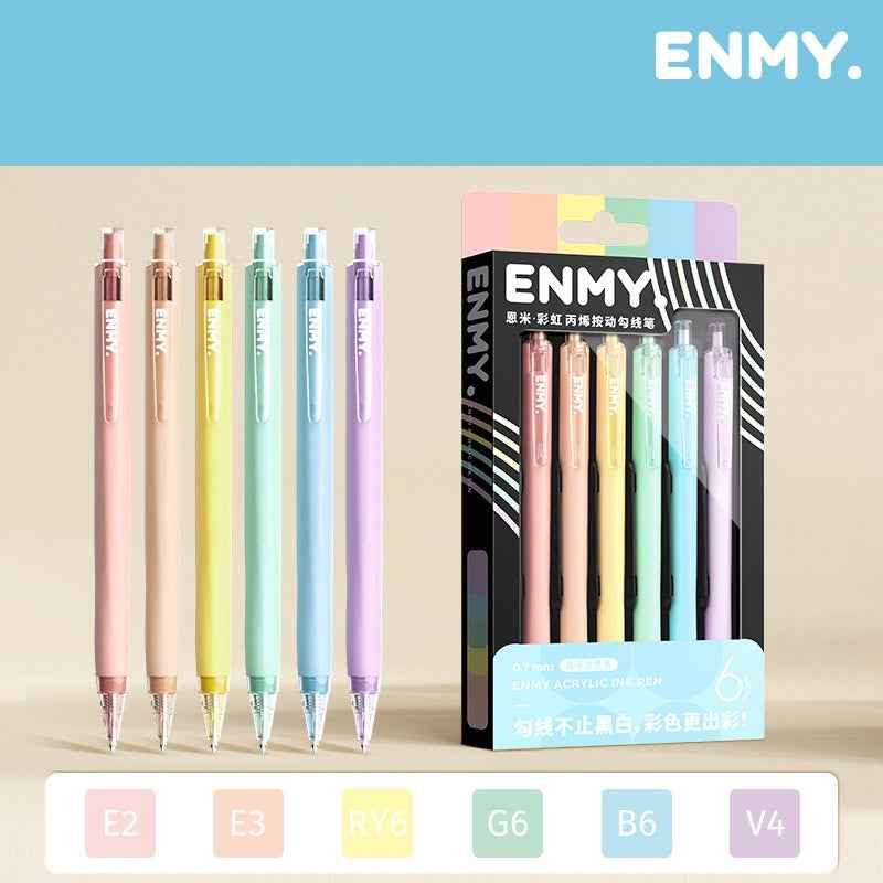 ENMY Rainbow Acrylic Ink Retractable Fineliner Pen Set – 0.7mm, 6 Colors Marcron