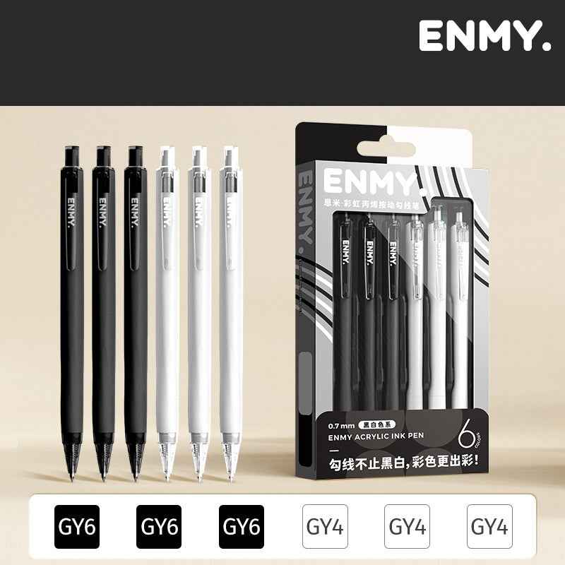 ENMY Rainbow Acrylic Ink Retractable Fineliner Pen Set – 0.7mm, 6 Colors Black White