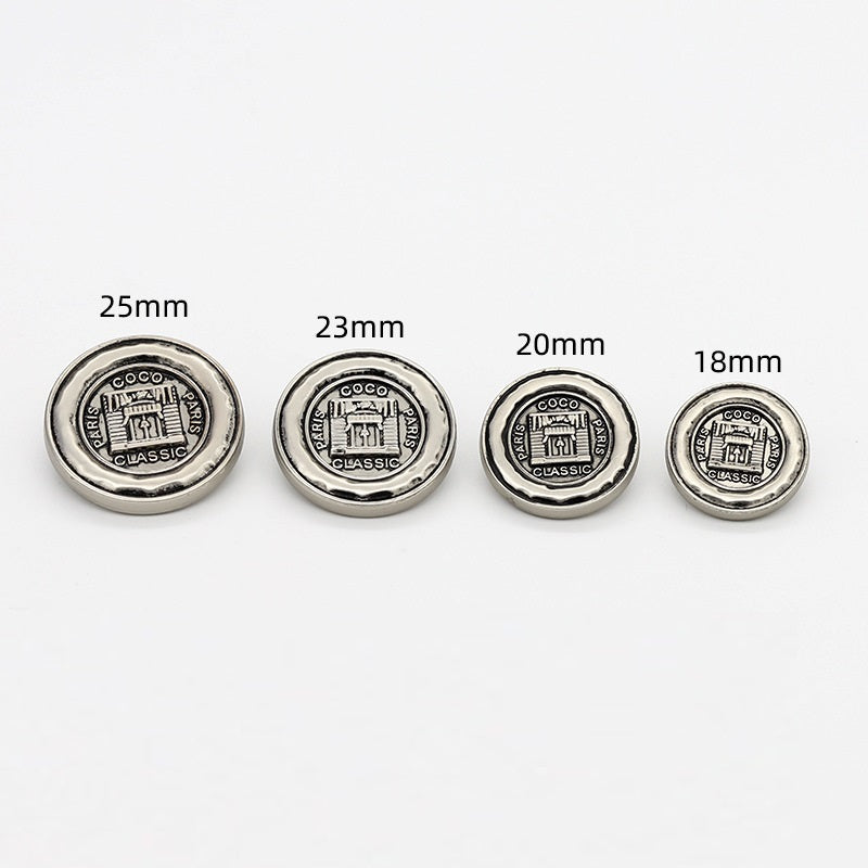 Silver metal shank buttons, Paris “CLASSIC” sizes 25mm, 23mm, 20mm, 18mm