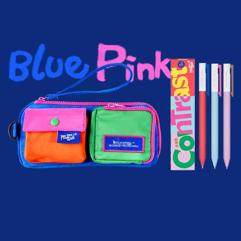 Pecpec Well Color-Block Pencil Case with 3 Gel Pens Blue Pink