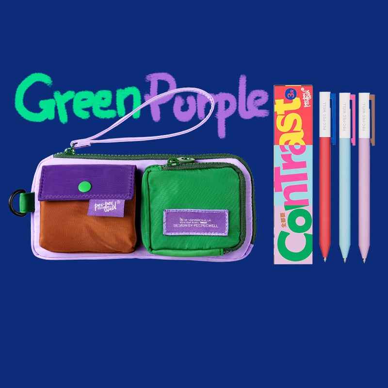Pecpec Well Color-Block Pencil Case with 3 Gel Pens Green Purple