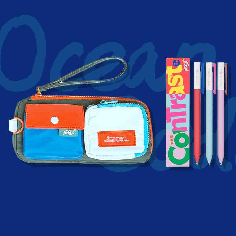 Pecpec Well Color-Block Pencil Case with 3 Gel Pens Ocean