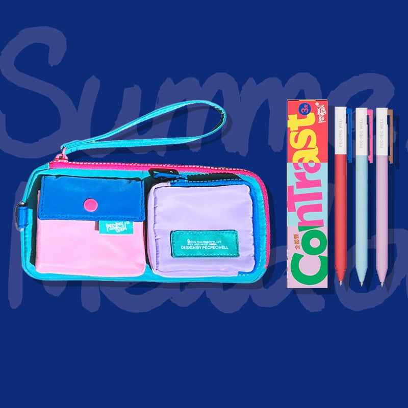 Pecpec Well Color-Block Pencil Case with 3 Gel Pens Summer