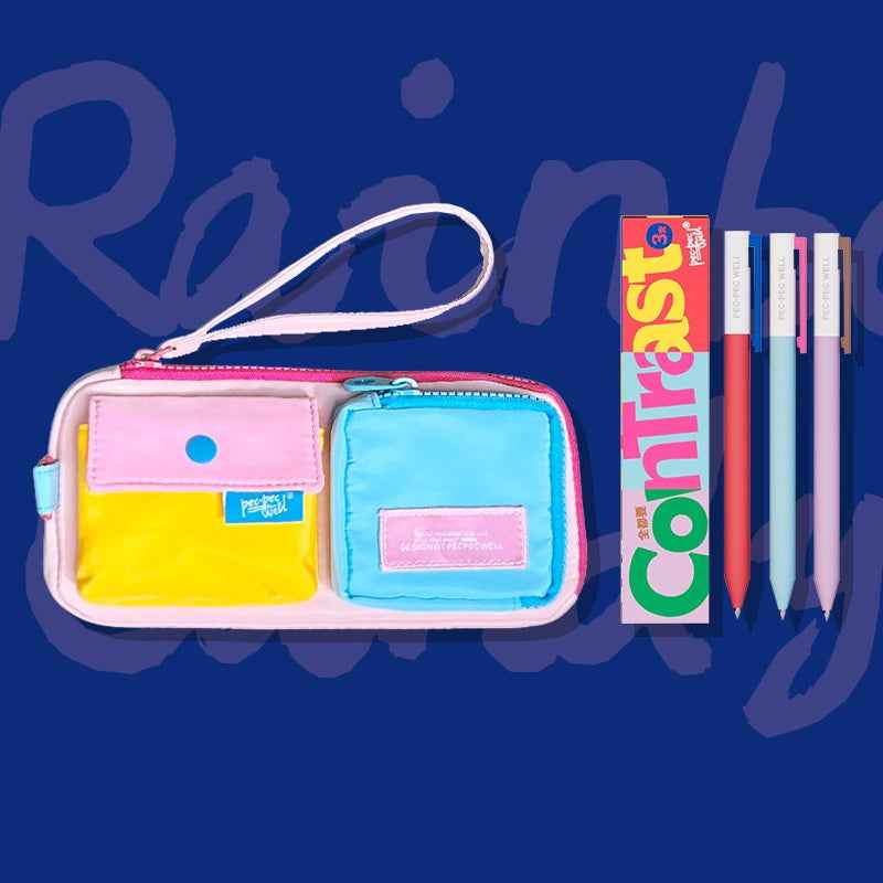 Pecpec Well Color-Block Pencil Case with 3 Gel Pens Rainbow Candy