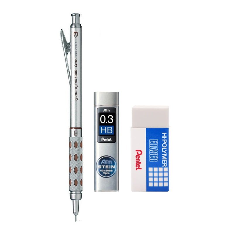 Pentel Graphgear 1000 MechanIcal Pencil Set with Leads Eraser 0.3mm Brown