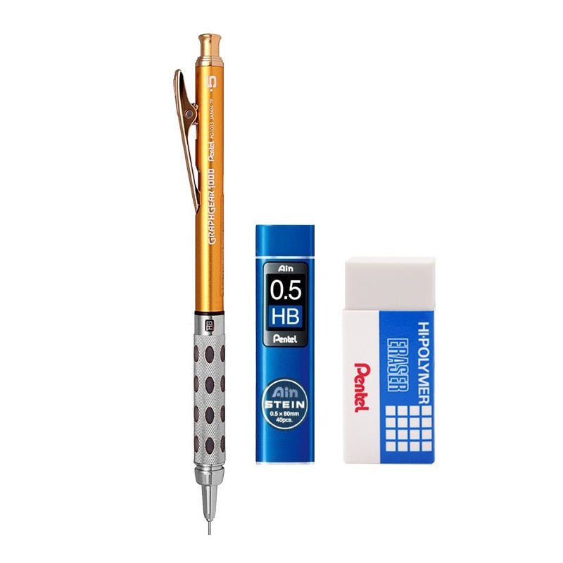 Pentel Graphgear 1000 MechanIcal Pencil Set with Leads Eraser 0.5mm Gold