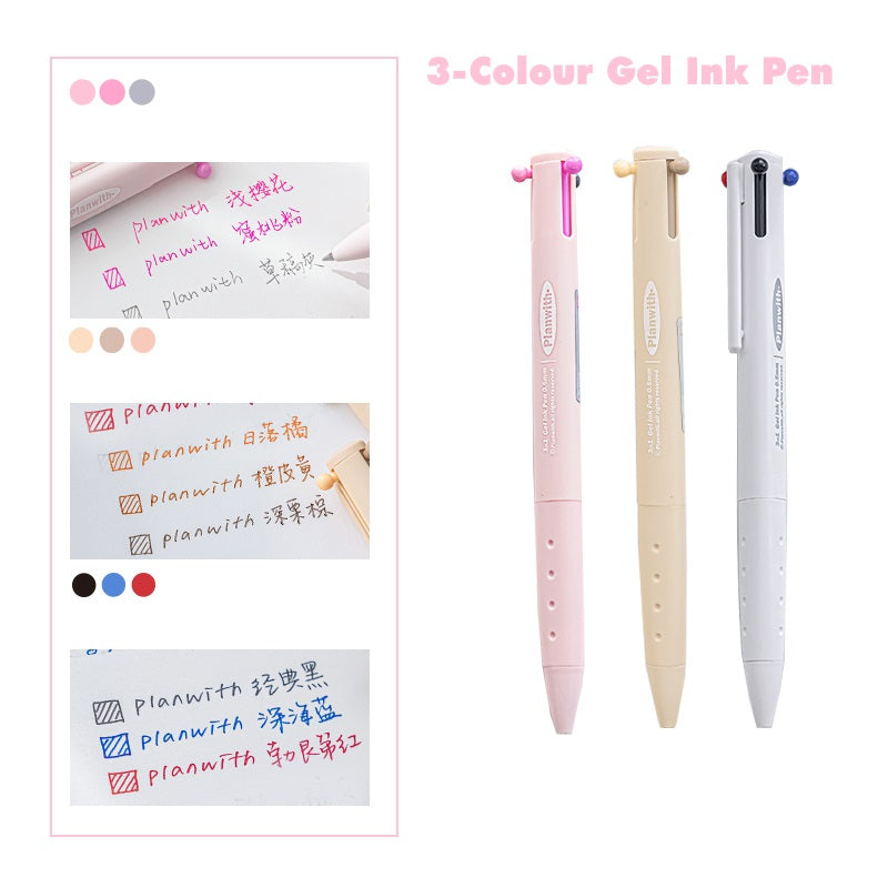 Planwith Triple-Color Gel Ink Clicker Pen 0.5MM 3 Pack(Pink+Khaki+White)