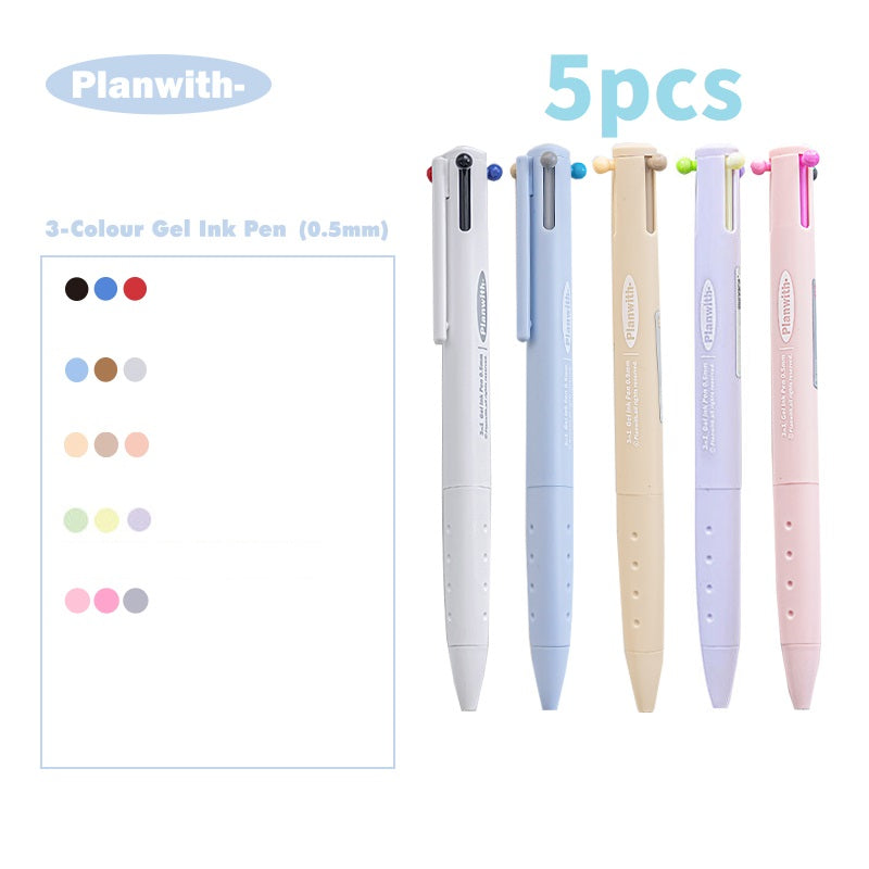 Planwith Triple-Color Gel Ink Clicker Pen 0.5MM 5 Pack