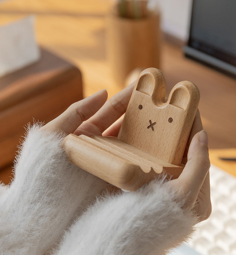 Cute Cartoon Bunny Solid Beechwood Phone Stand | Wooden Desktop Holder