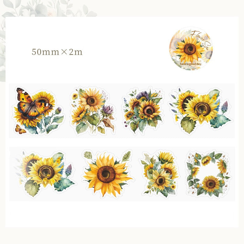 8PCS Sunflower & Rose Floral PET Washi Tape Set for Journaling DIY