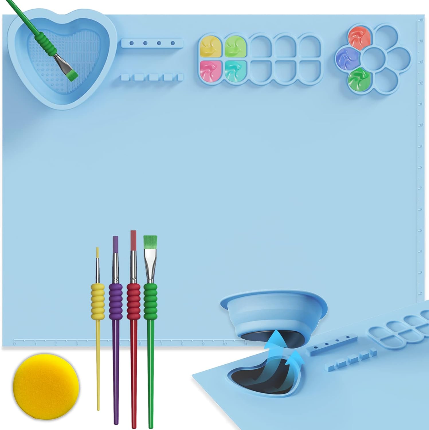 Silicone Painting Mat with Cup and Paint Holder Blue