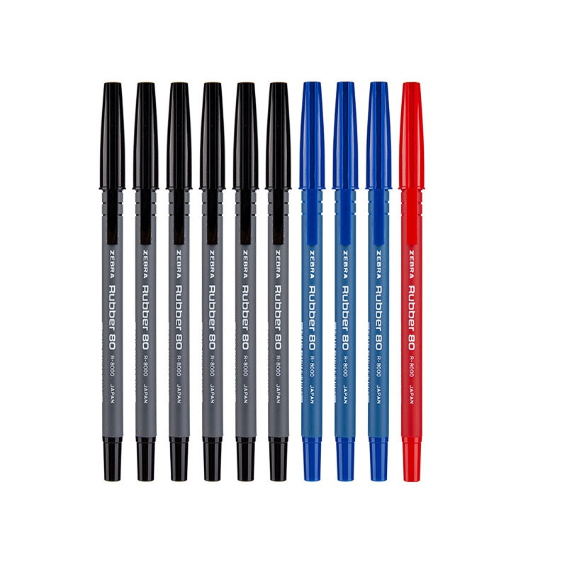 Zebra Rubber 80 R-8000 Ballpoint Pen 0.7mm Black/Red/Blue 10 Pack 6 Black+3 Blue+1 Red