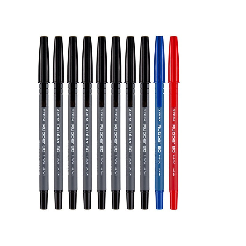 Zebra Rubber 80 R-8000 Ballpoint Pen 0.7mm Black/Red/Blue 10 Pack 8 Black+1 Blue+1 Red